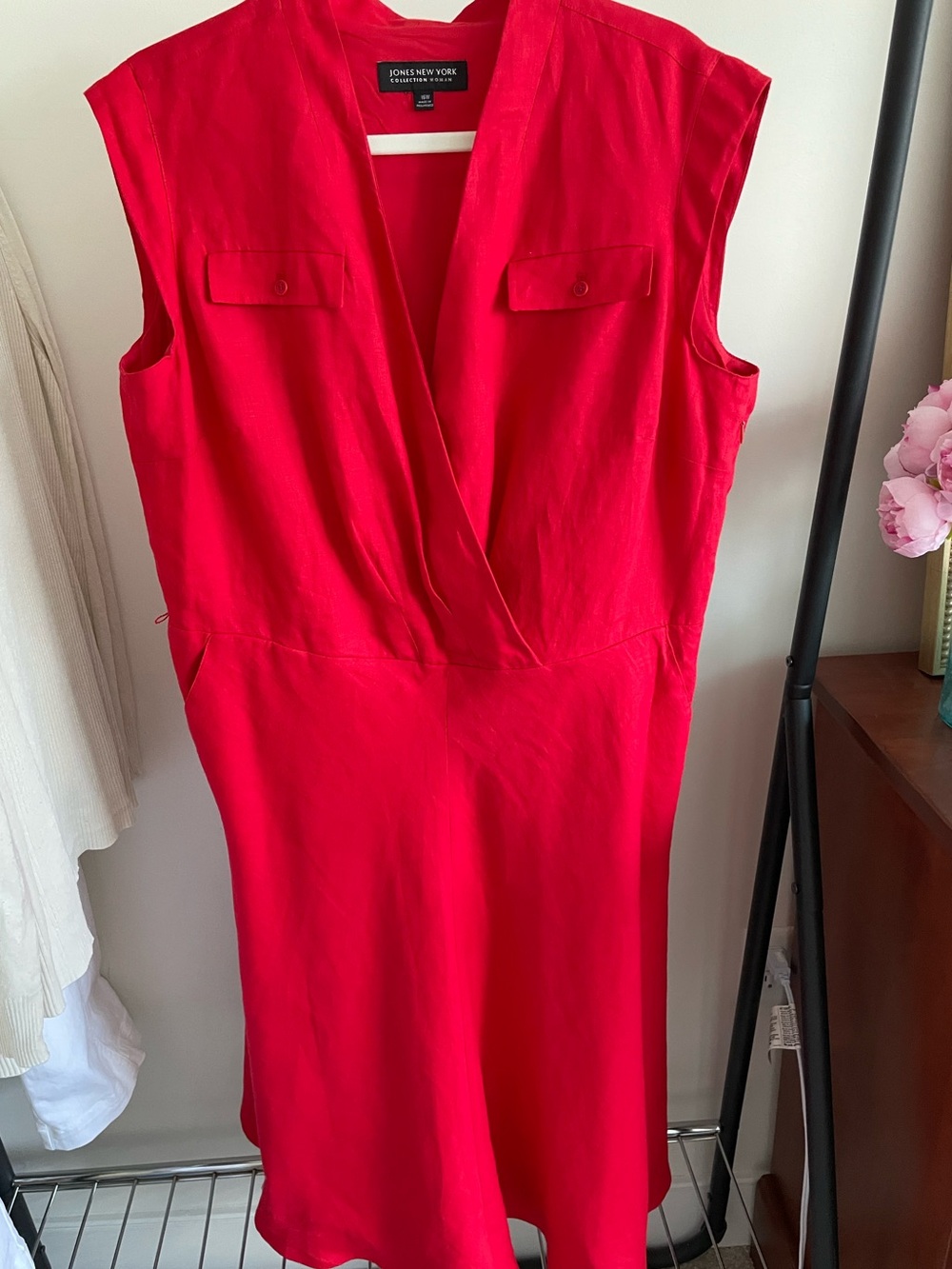 Jones New York Vibrant Red Sleeveless Wrap-Effect Dress 100% Linen.